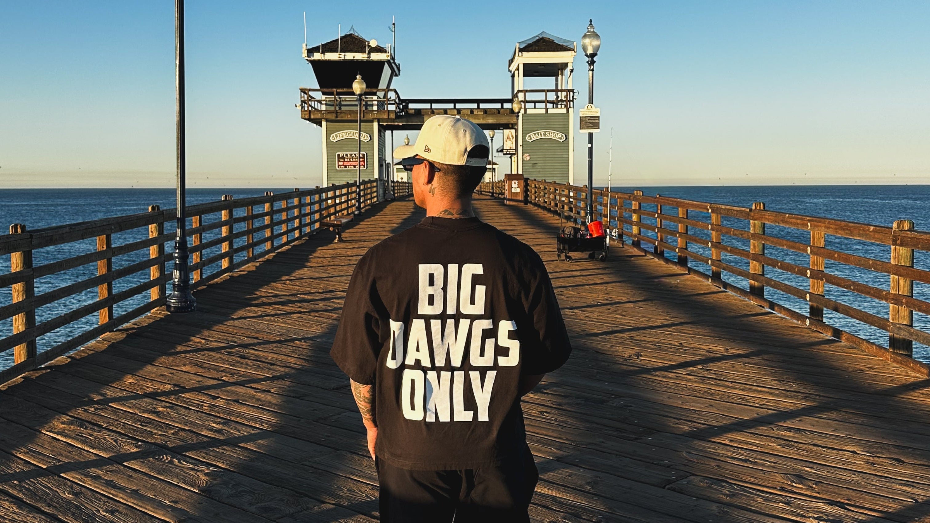 Person standing on a wooden pier with 'BIG DAWGS ONLY' shirt, blue sky and ocean background